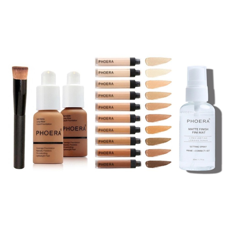 Phoera 4pc Kit 1 – Phoera Foundation, Phoera Concealer, Liquid Foundation Brush and Phoera Setting Spray Phoera 4pc Kit – Foundation 101 + Concealer 101 + Liquid Foundation Brush GLAMZA-190 + phoera setting spray