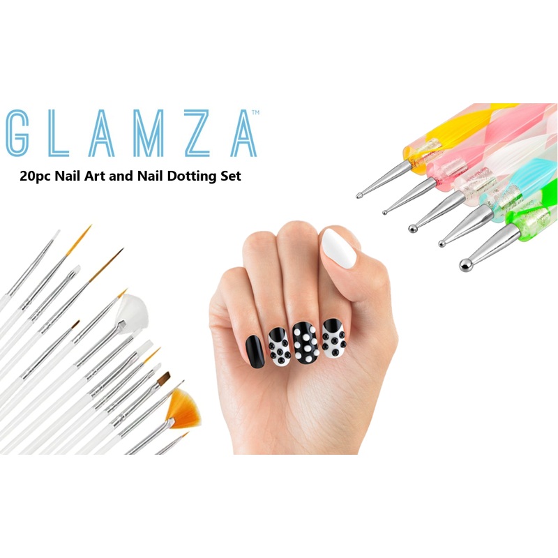 Glamza 20pc Nail Art Brushes & Dotting Set with Optional 10-Pack Nail Art Sponges Nail Art Set