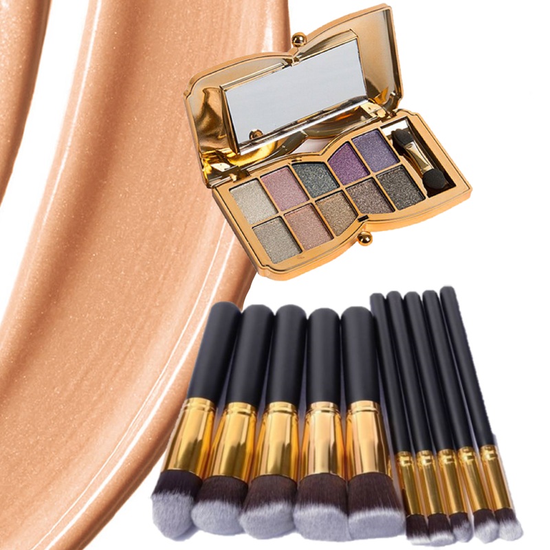 10pc Black & Gold Makeup Brush Set + Optional Butterfly Palette  FREE UK Postage 10pc Black & Gold with Butterfly Palette