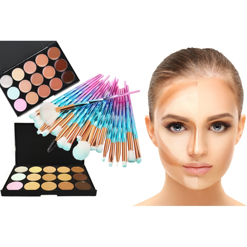 20-Piece Diamond Makeup Brush Set with Optional Glamza 15-Colour Contour Palette FREE UK Postage! Green