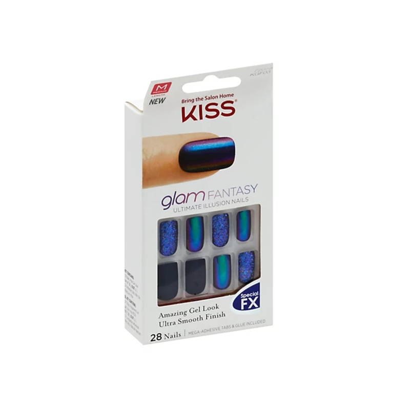 Kiss Glam Fantasy 28 Medium Nails Metallic Blue Glitter 72078 KGF03