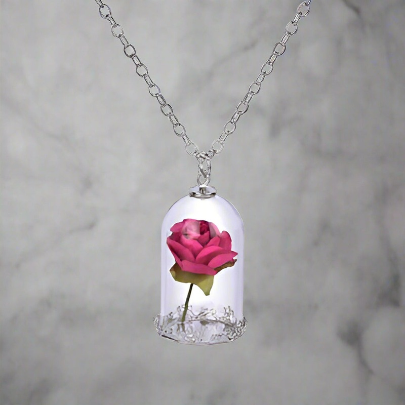 Beauty and the Beast Inspired Red Rose in Dome Pendant Necklace  Free Delivery