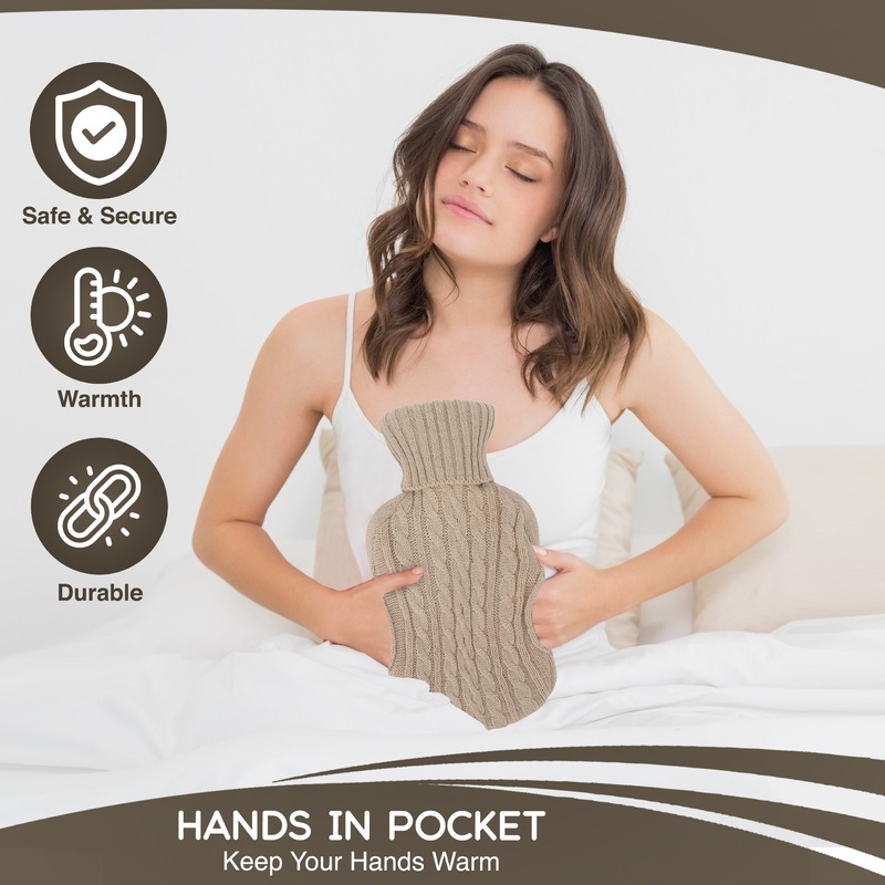 2 Litre Hot Water Bottle ‘EXTRA WARMTH’  with Knitted Cover and Hand Pockets 3 Colours Cream